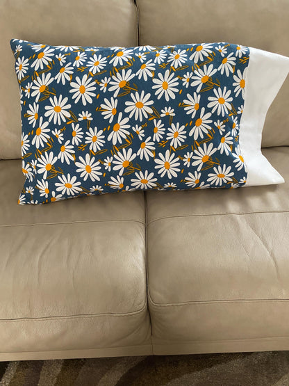 Handmade Standard/Queen Size Flannel Pillowcase Daisies On Blue