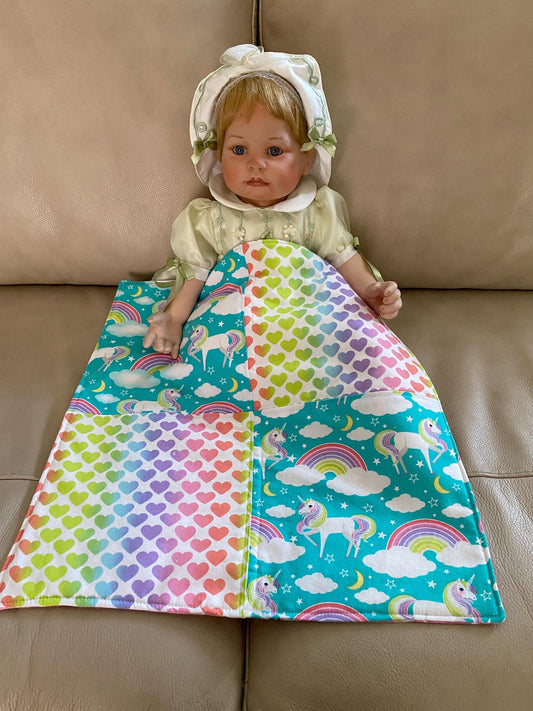 Handmade Baby Doll Quilted Blanket with Unicorns and Hearts