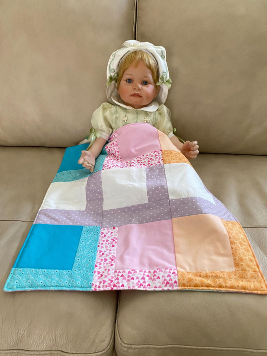 Handmade Baby Doll Quilted Blanket with Colorful Blocks and Purple Rows