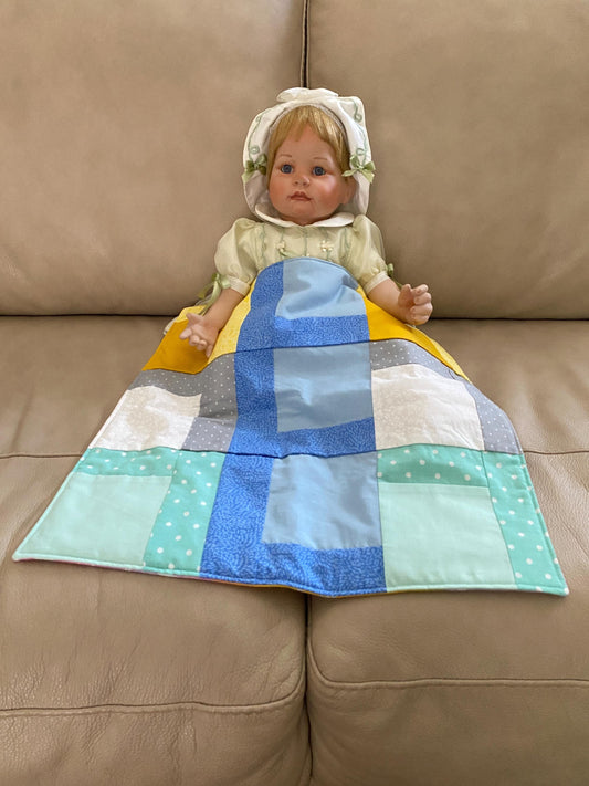 Handmade Baby Doll Quilted Blanket with Colorful Blocks and Blue Rows