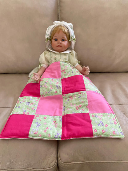 Handmade Baby Doll Quilted Blanket with Colorful Blocks and Flowers with Minky Back