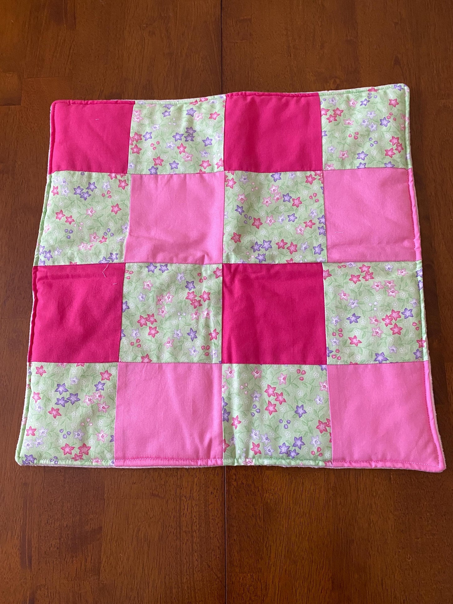 Handmade Baby Doll Quilted Blanket with Colorful Blocks and Flowers with Minky Back