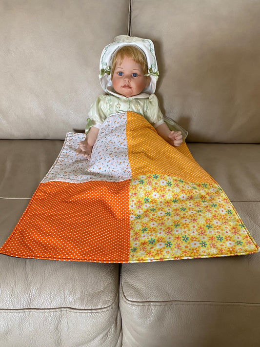 Handmade Baby Doll Quilted Blanket with Polka Dots and Flower Blocks Yellow Orange