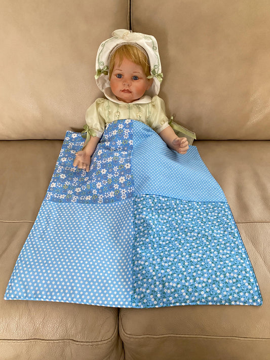 Handmade Baby Doll Quilted Blanket with Polka Dots and Flower Blocks Light Blue