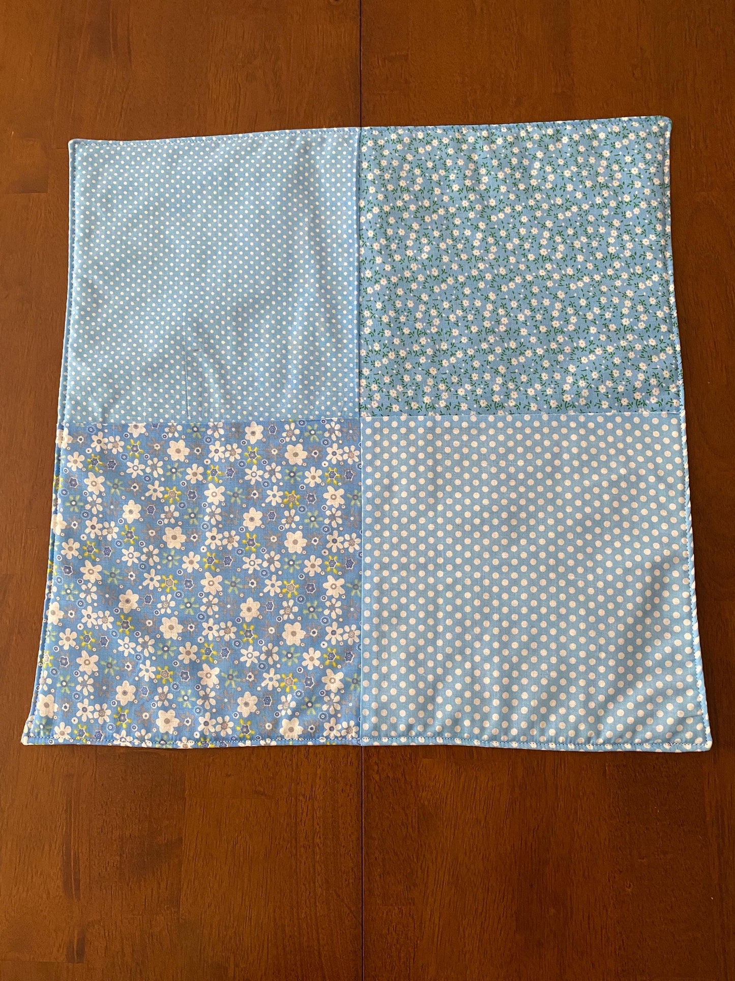 Handmade Baby Doll Quilted Blanket with Polka Dots and Flower Blocks Light Blue