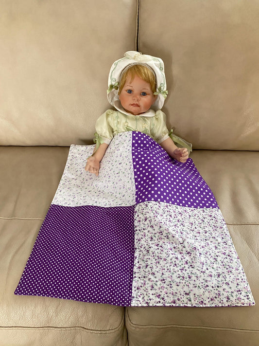 Handmade Baby Doll Quilted Blanket with Polka Dots and Flower Blocks Purple