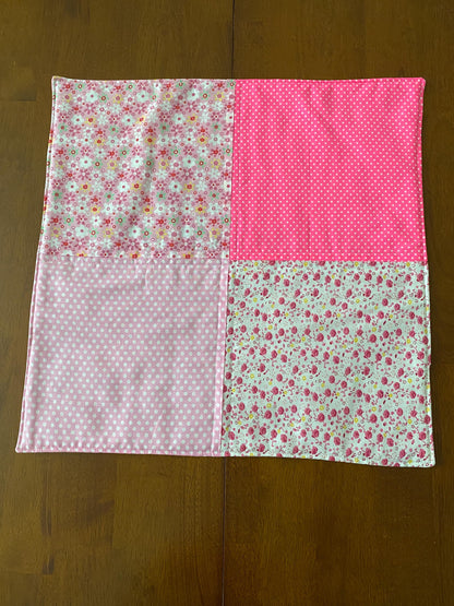 Handmade Baby Doll Quilted Blanket with Polka Dots and Flower Blocks Pink