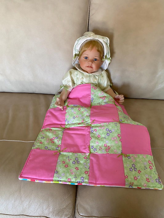 Handmade Baby Doll Quilted Blanket with Colorful Flowers and Pink Blocks