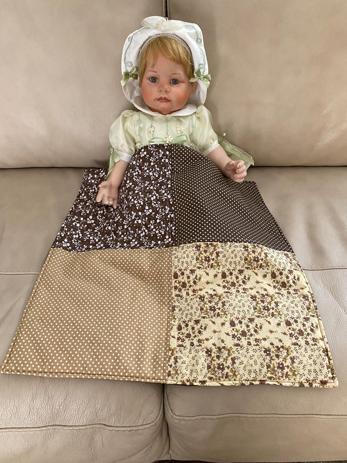 Handmade Baby Doll Quilted Blanket with Polka Dots and Flower Blocks Browns