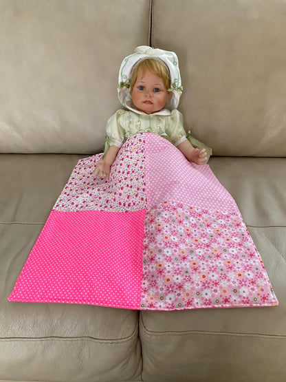 Handmade Baby Doll Quilted Blanket with Polka Dots and Flower Blocks Pink