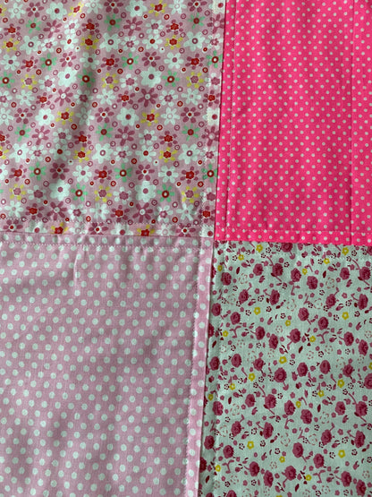 Handmade Baby Doll Quilted Blanket with Polka Dots and Flower Blocks Pink